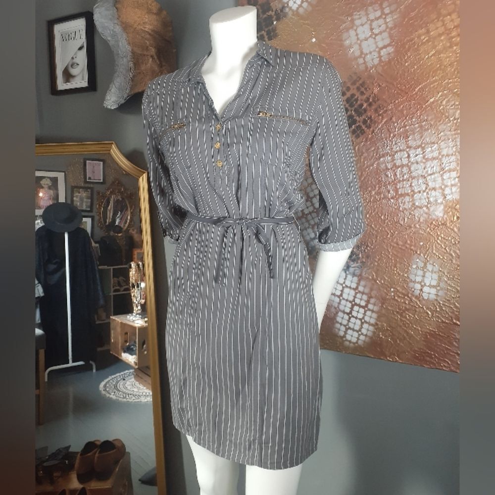 Impress 100% Rayon Striped Gray Shirt Dress